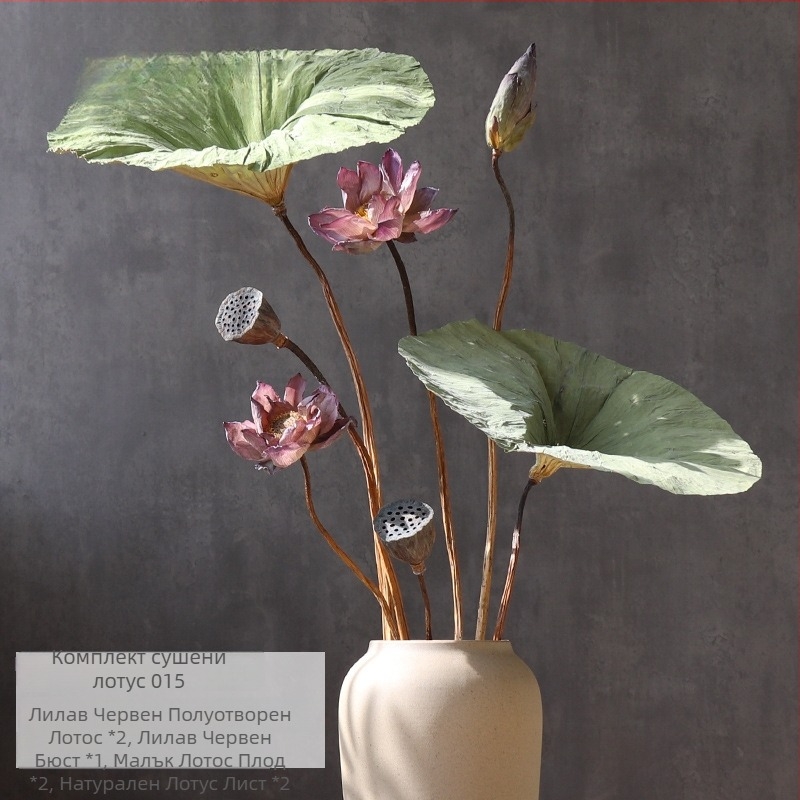 Лотос сушени цветя — букет с реални цветя за дневна, вазова украса, въздушно изсушени листа, естествен китайски стил. Тип: Цветя; Марка: Qirong; Боядисани; Сорт: Ailian dried flower combination 003