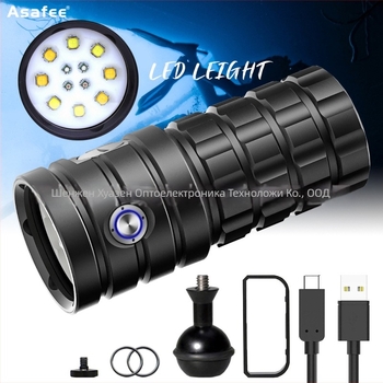 Подводна светлина за фотография с USB зареждане, LED източник с четири цвята, 25 000 лумена, in Bulgarian: вградена батерия, алуминиев корпус, asafee, Шенжен