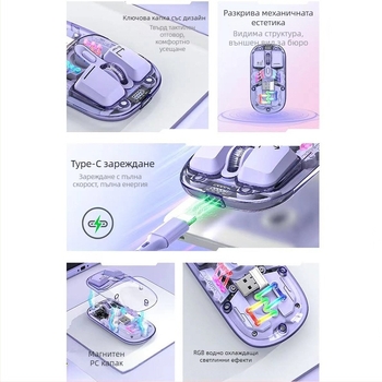 Bluetooth оптична мишка с индикатор за захранване, 1600dpi, 4 бутона, безжична 2,4GHz за игри и офис