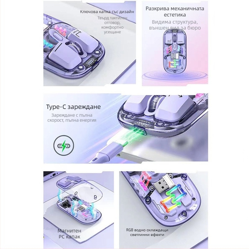 Bluetooth оптична мишка с индикатор за захранване, 1600dpi, 4 бутона, безжична 2,4GHz за игри и офис