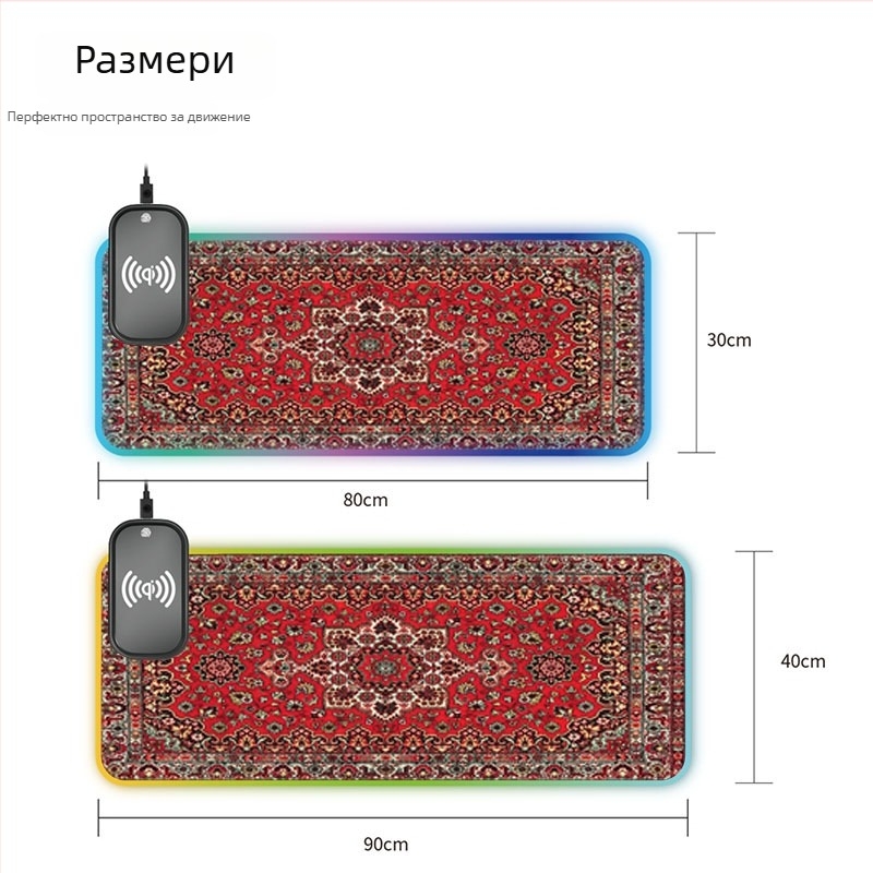 Игрова подложка за мишка от плат с персийски мотиви и дунхуански стенописи, RGB осветление, антихлъзгаща повърхност, USB хъб, подпора за китка