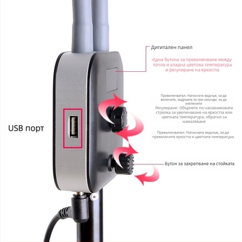 Правоъгълен светлинен панел за фотография и селфи с двойно рамо – 110–220V, 3000–6000K, димер и регулируема цветова температура