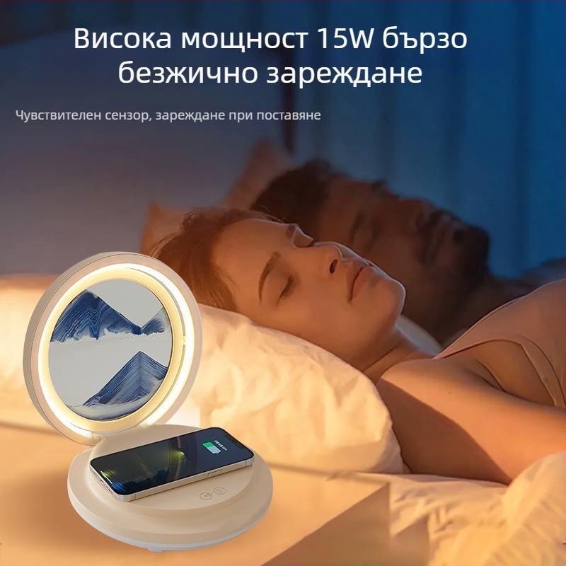 Безжично зареждане за бюро лампа с пясъчен часовник, сгъваем Bluetooth говорител, RGB осветление, 15W макс, 3A изход