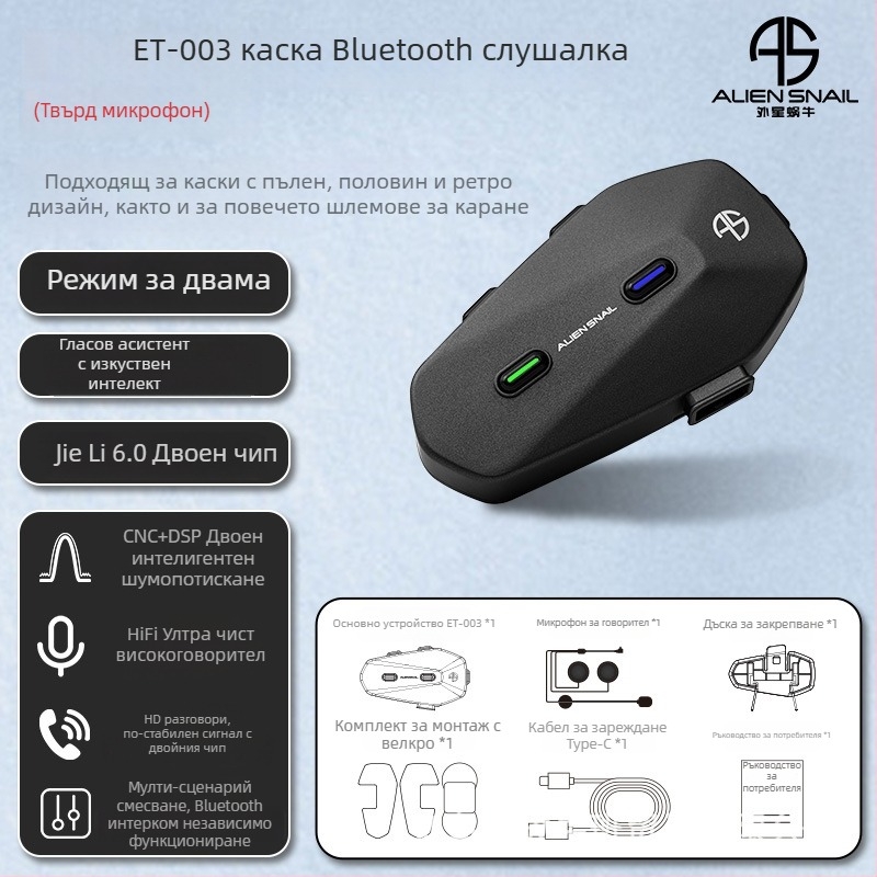 Мотоциклетна каска Bluetooth слушалка с двустранен стерео звук (Bluetooth 5.0, обхват 15 м, автономност 18–22 ч)