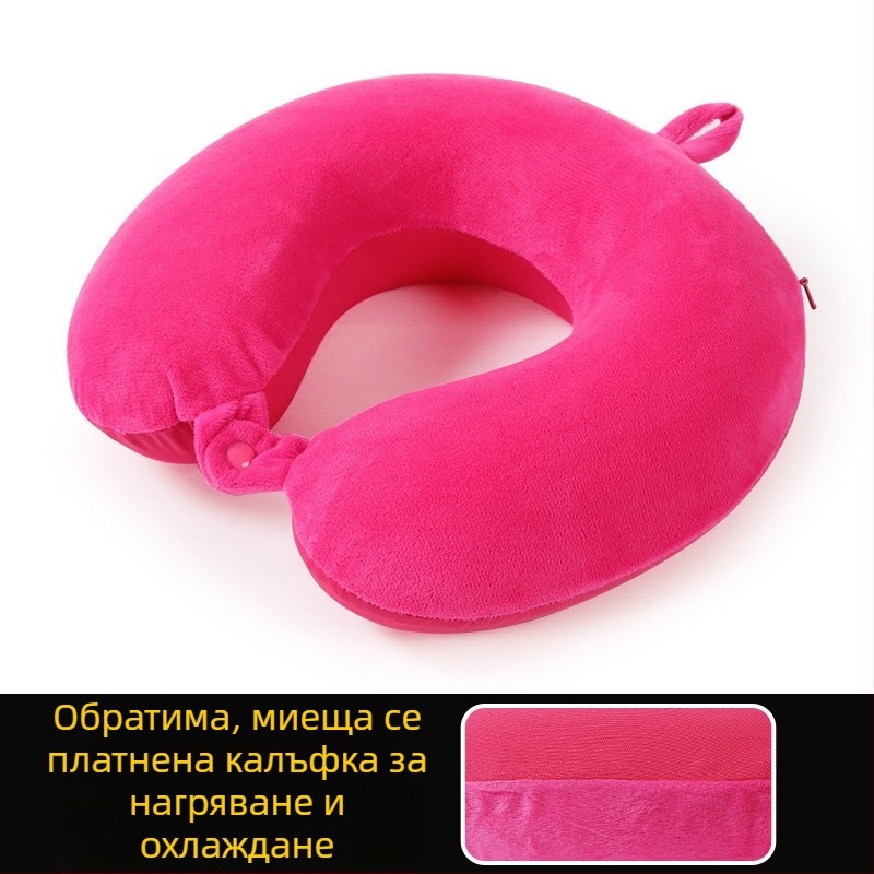 У-образена възглавничка за шия с паметна пяна; за възрастни; двулицева материя: едната страна кристален велур, другата — плетен спандекс; лека, под 0,5 кг