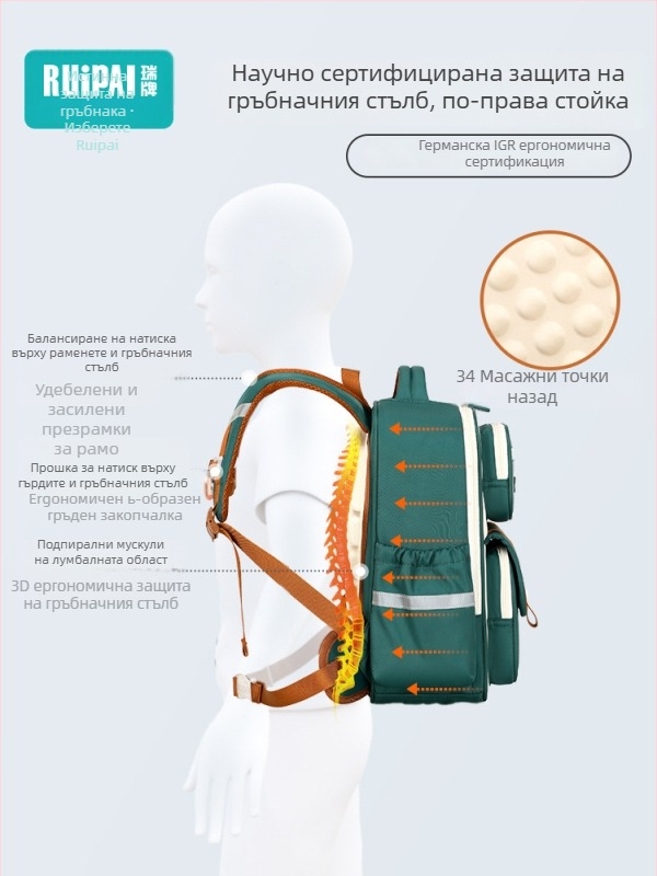 Детска раница с защита на гръб, унисекс, за ученици 5–6 клас, полиестер, презрамки с въздушна възглавница