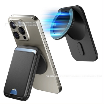 MagSafe магнитен картодържател за iPhone — имитационна кожа, многопосочна стойка, магнитно затваряне, възможност за персонализация и печат на лого