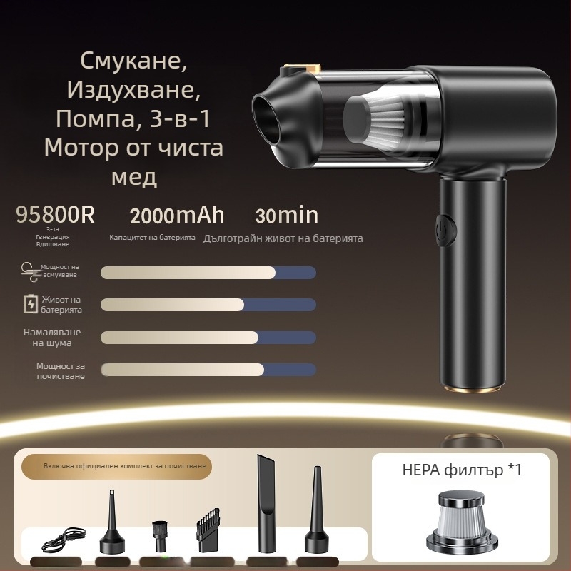 Безжичен ръчен вакуум за автомобил и дом с цифров дисплей – 5-в-1, силно всмукване (4100-5000 Pa, 120 W, вградена батерия 1601-2000 mAh, шум 46-70 dB)