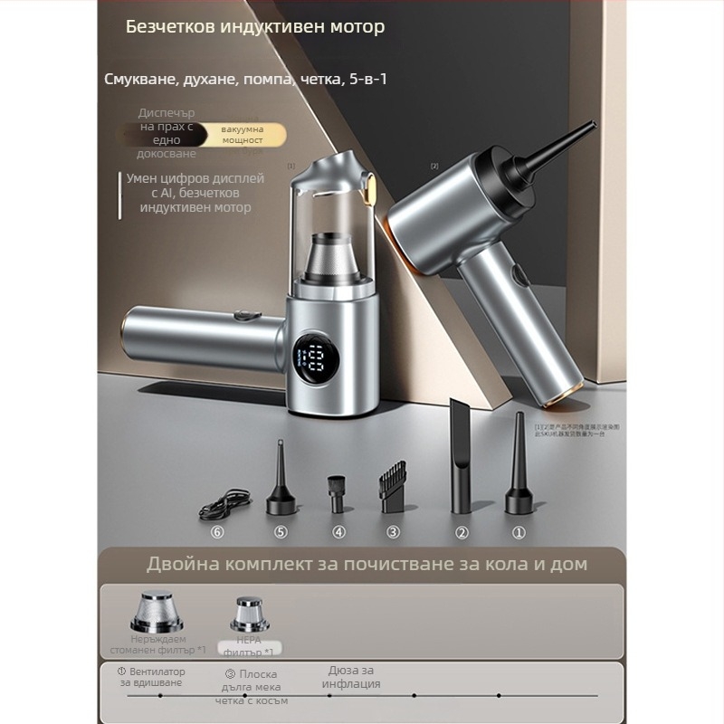 Безжичен ръчен вакуум за автомобил и дом с цифров дисплей – 5-в-1, силно всмукване (4100-5000 Pa, 120 W, вградена батерия 1601-2000 mAh, шум 46-70 dB)
