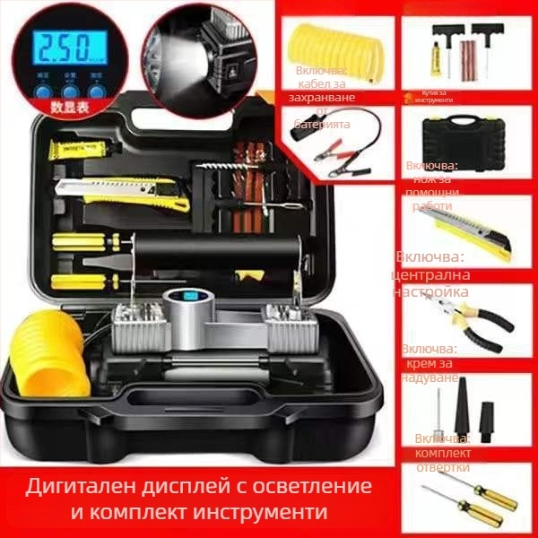 Автомобилен въздушен компресор, двуцилиндров, 12V/24V, 120W, маркуч за надуване 5 м, манометър за налягането