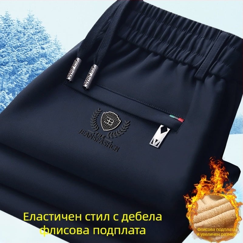 Мъжки зимни панталони с еластична талия, подплатени с флис, права кройка, Cupro фибър материя