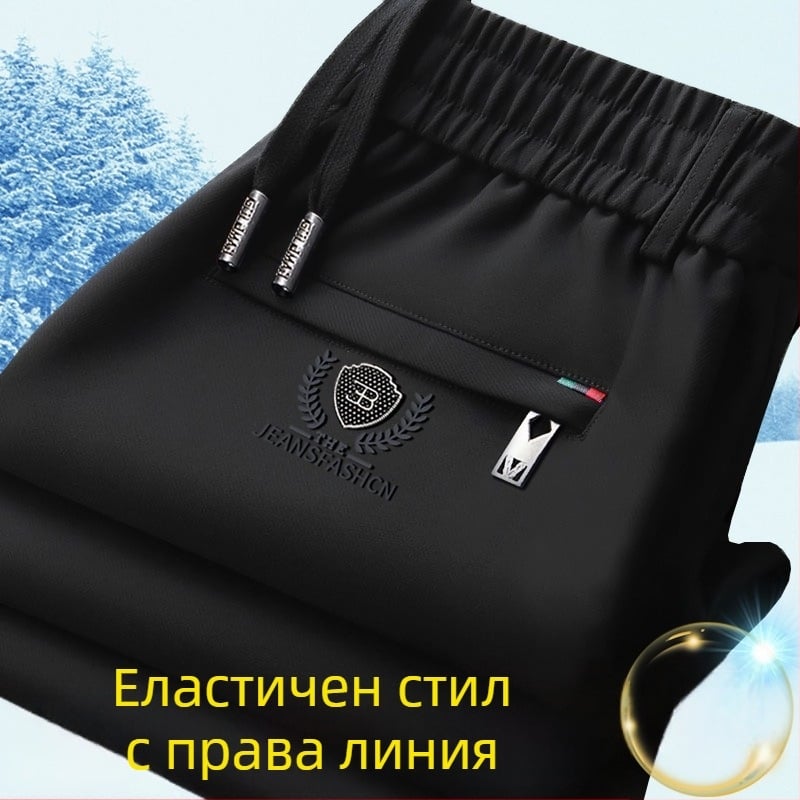 Мъжки зимни панталони с еластична талия, подплатени с флис, права кройка, Cupro фибър материя