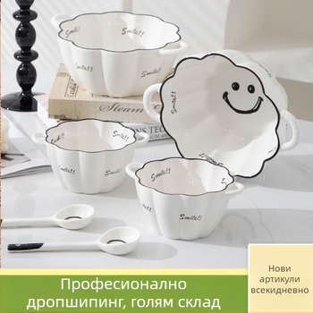 Керамична купа за супи с тиквен мотив, с нестандартна форма, карикатурен принт, микровълнова безопасна, с двойна дръжка