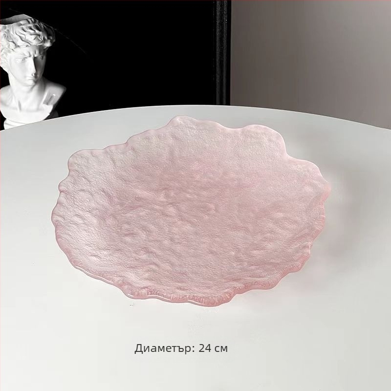 Розова асиметрична стъклена чиния за десерт - кръгла, градиентен дизайн, модерен минималистичен стил, стъкло