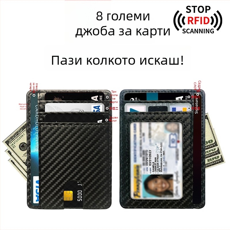 RFID калъф за карти - PU кожа, унисекс, 1 сгъвка, антидемагнитна защита