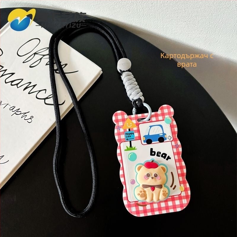 Държач за карти с дизайн на коте за ученици, ABS материал, шнур за носене на врата и разтегателна катарама, за ученическа карта и достъп до кампуса