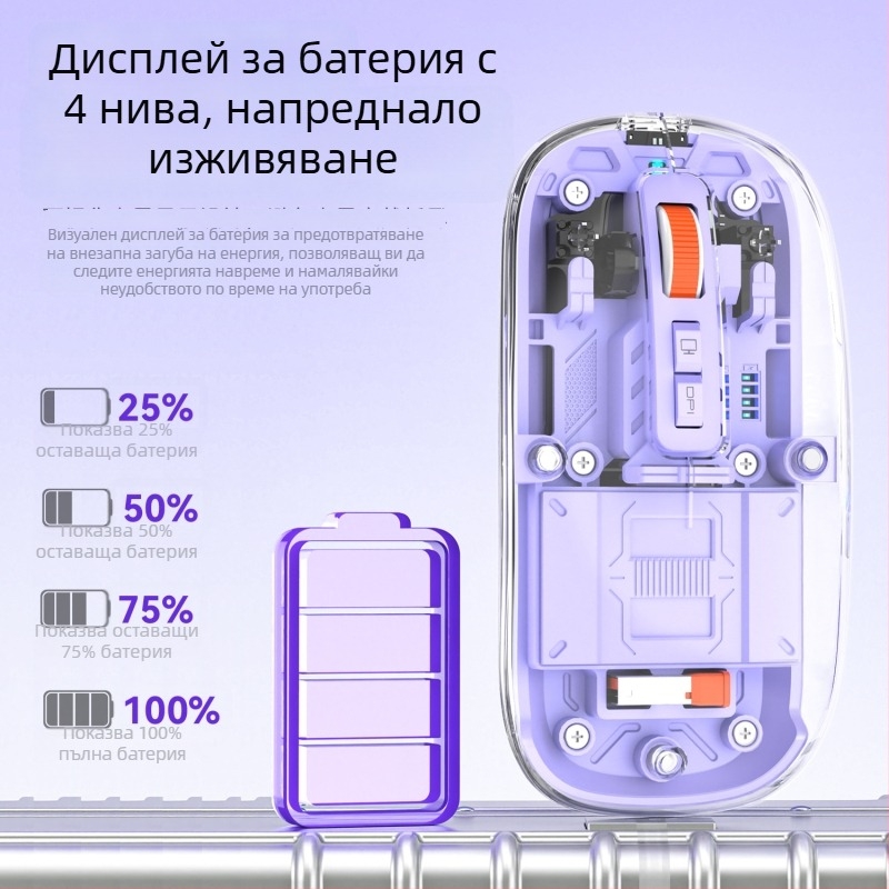 Безжична мишка, 2.4G + Bluetooth, 1600dpi, 5 бутона, 10 м обхват, тегло 76 г, съвместима с лаптопи