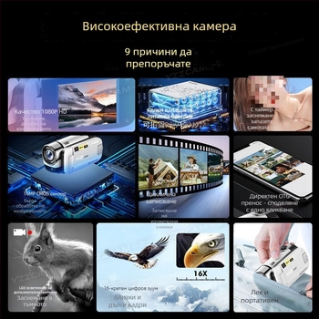 Компактна цифрова камера с въртящ се екран за селфи, CCD сензор 16 MP и 16x оптично увеличение, оптично стабилизиране на изображението