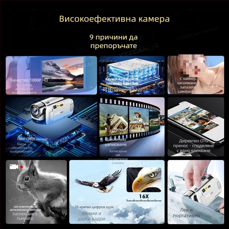 Компактна цифрова камера с въртящ се екран за селфи, CCD сензор 16 MP и 16x оптично увеличение, оптично стабилизиране на изображението