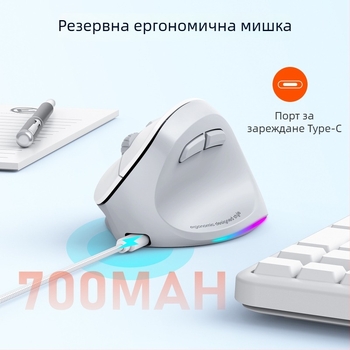 Безжична Bluetooth двойномодова ергономична офис мишка, 2000 DPI, 6 бутона, USB зареждане