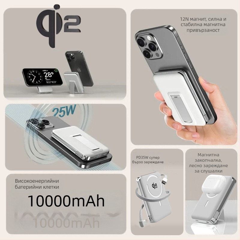 Power Bank с твърдотелна батерия, вградена стойка и магнитно безжично зареждане 25W, Qi2.2 протокол, максимална изходна мощност 35W