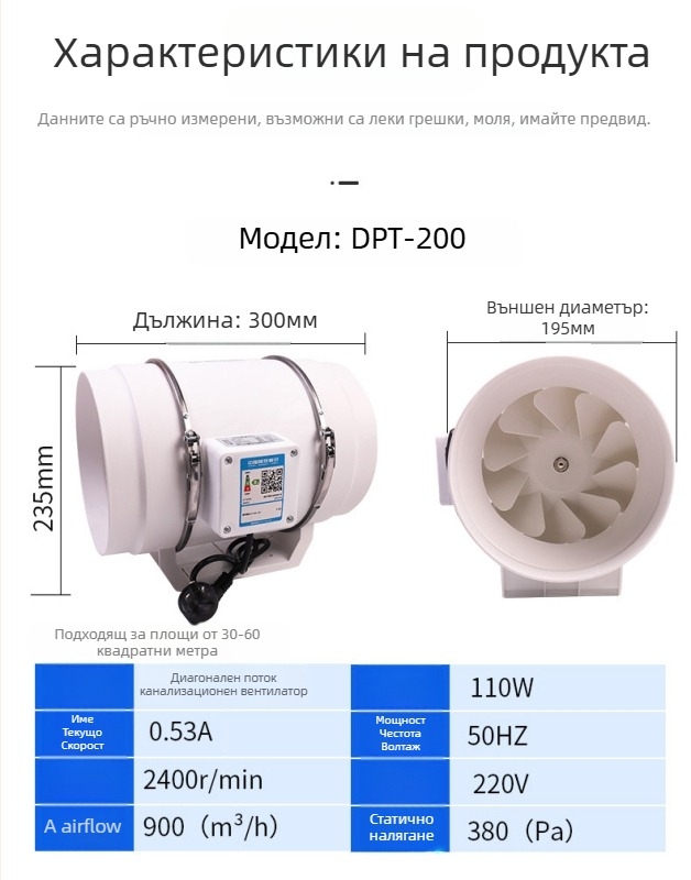 Канален вентилатор за отвеждане на въздуха – мощен и тих, кухненска вентилация, модел SL-100-1, 220V, 35–160W, стил тръбно налягане