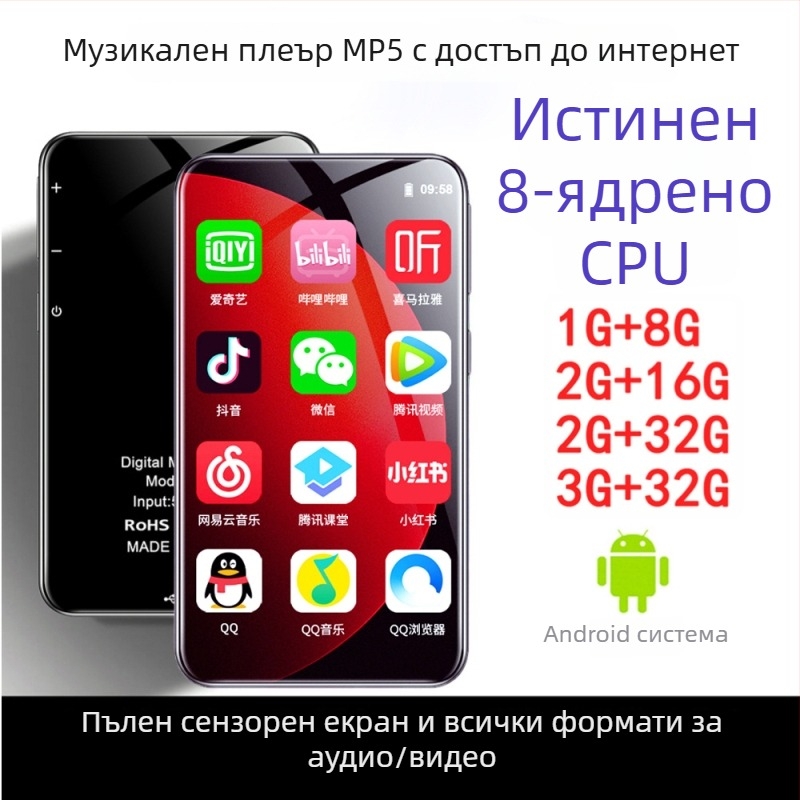 Android музикален плеър с тъчскрийн и WiFi, поддържа MP3/MP4/MP5, TF карта, USB 2.0