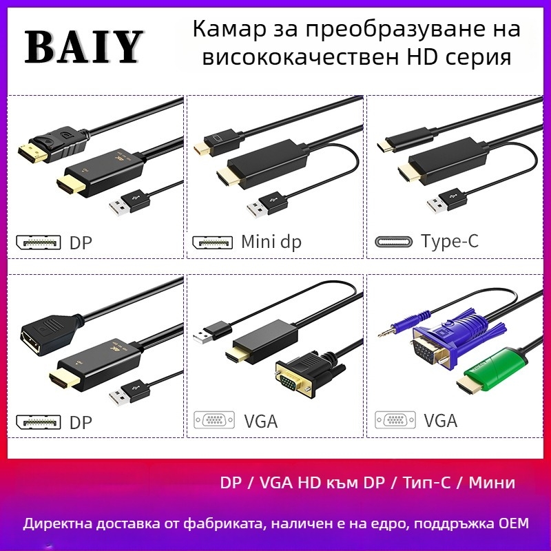 HDMI към DP и Type-C патч кабел, медно ядро, модел H147, единичен конектор, скорост на пренос 120