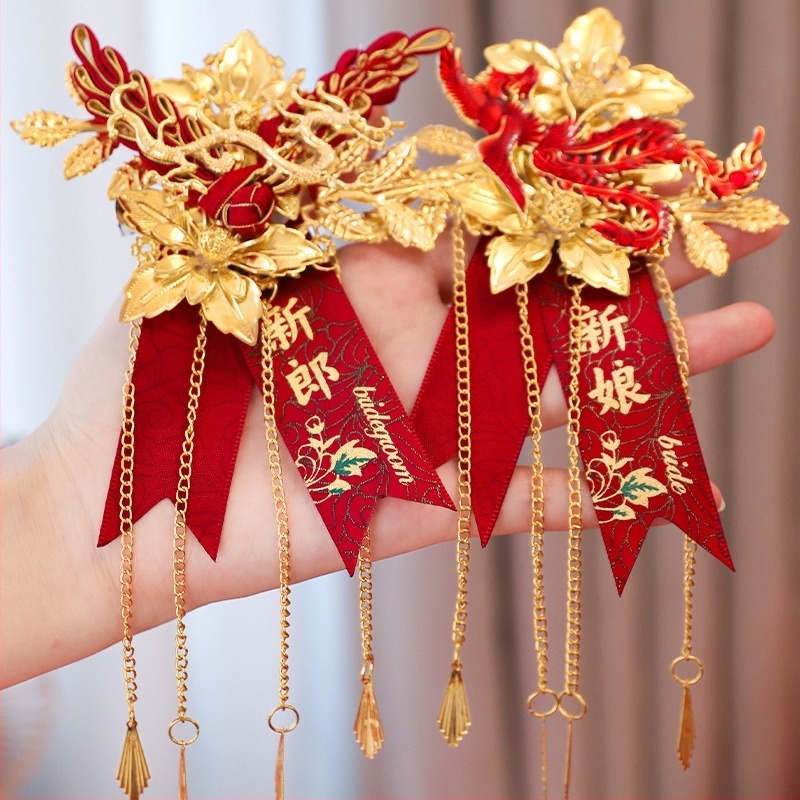 Двойка сватбени корсажи дракон и феникс, броши за младоженец и булка, комплект китайски корсажи за сватбени аксесоари