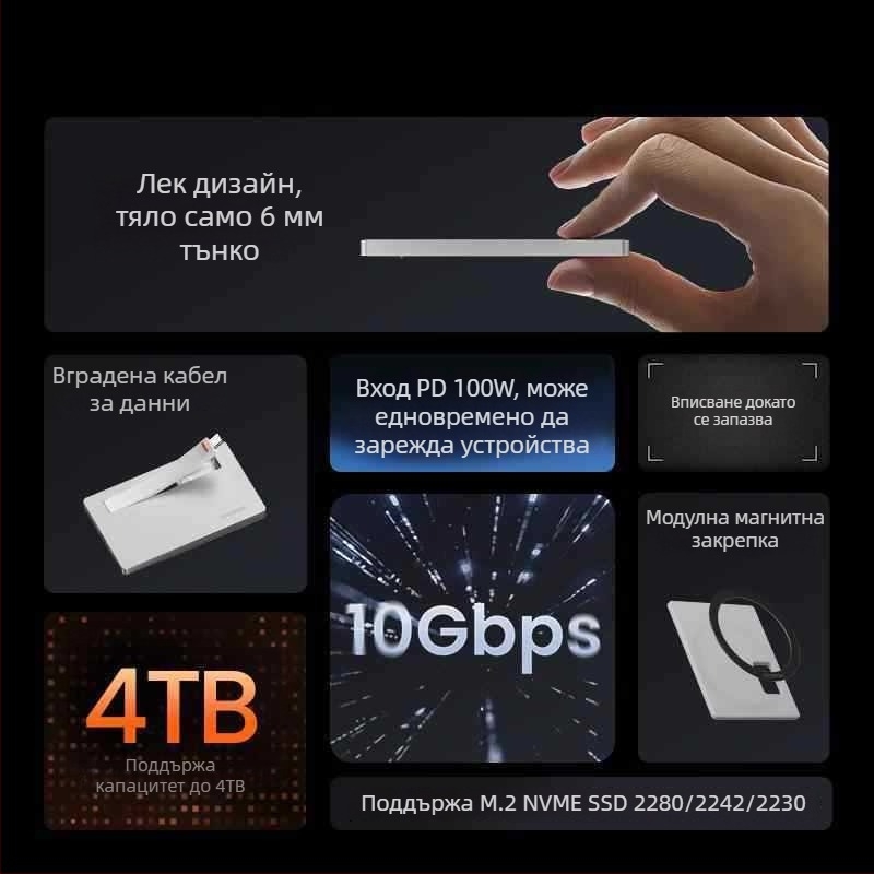 SD002 Алуминиева кутия за твърд диск с активно охлаждане, 4TB капацитет, 10Gbps пренос