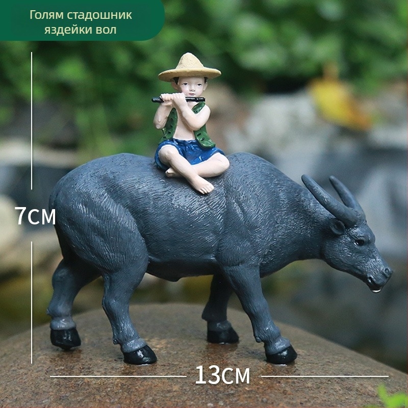 Миниатюрна ландшафтна фигура буйвол за бонсай – пасторална композиция от смола, пастир язди буйвол, за домашна декорация