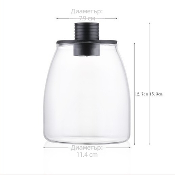 Микроландшафтна еко бутилка: контейнер, лампа-таймер за рециклиране, пълен комплект за създаване на микроландшафт; Материал: високо боросиликатно стъкло; Опаковка: картон; Показване: поставяне на място