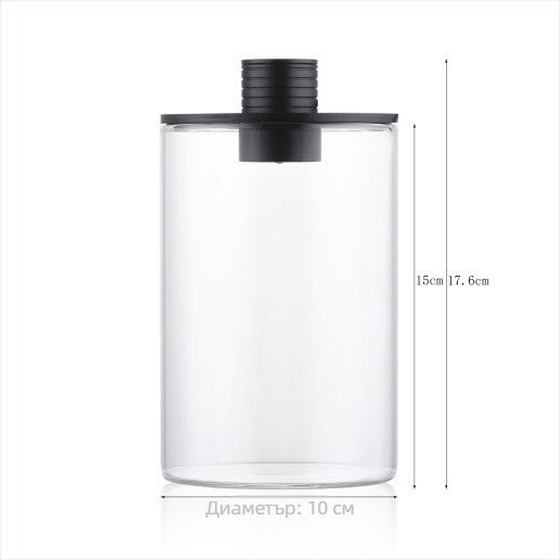 Микроландшафтна еко бутилка: контейнер, лампа-таймер за рециклиране, пълен комплект за създаване на микроландшафт; Материал: високо боросиликатно стъкло; Опаковка: картон; Показване: поставяне на място