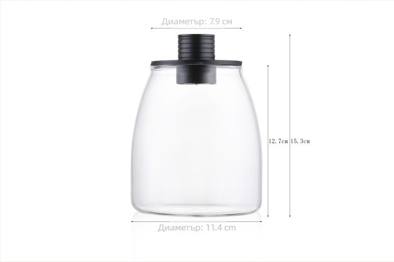 Микроландшафтна еко бутилка: контейнер, лампа-таймер за рециклиране, пълен комплект за създаване на микроландшафт; Материал: високо боросиликатно стъкло; Опаковка: картон; Показване: поставяне на място