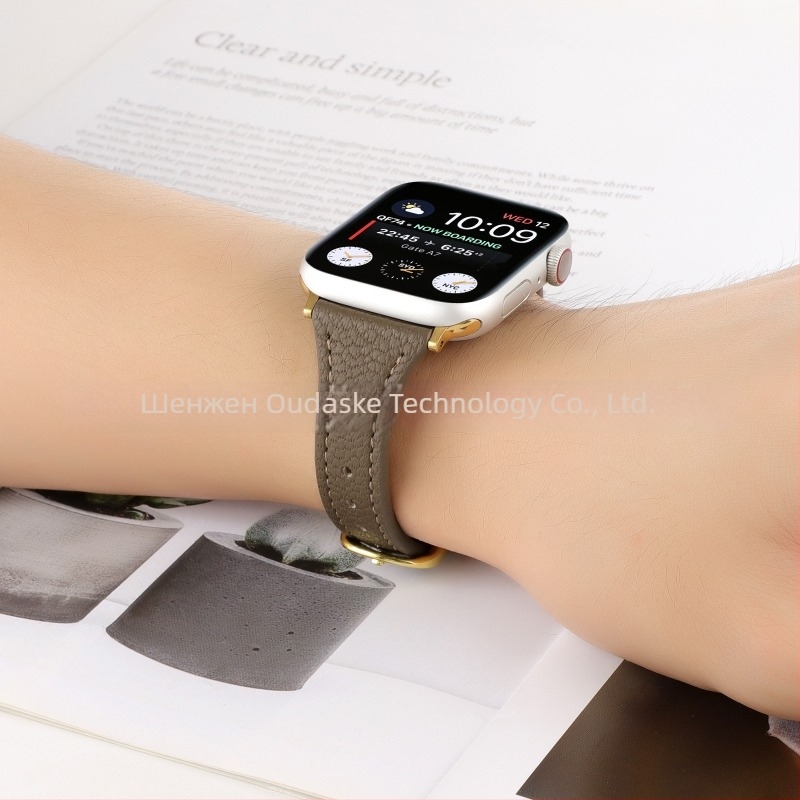 Каишка за Apple Watch от естествена кожа с текстура на личи, тънък дизайн, съвместима със Series 4–8 и SE