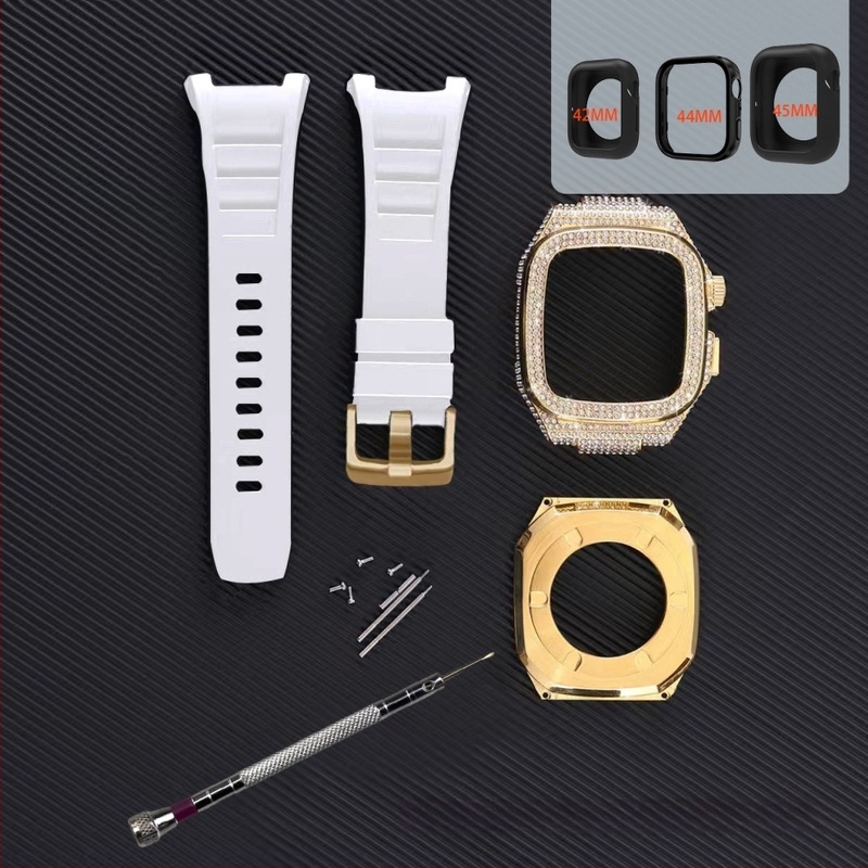 Защитен калъф за Apple Watch с диамантено покритие; корпус от сплав и силиконова каишка; съвместим със серия 7/8 и SE; тегло 65 г.