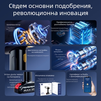 Ръчна безжична прахосмукачка за кола и дом, модел 501, всичко-в-едно интелигентна. Мощност 300W; всмукване 16000Pa; батерия 60–90 мин; безжично презареждане; функции: стерилизация, премахване на акари, против запушване.