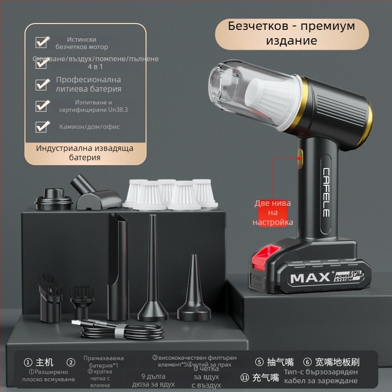 Ръчна безжична прахосмукачка за кола и дом, модел 501, всичко-в-едно интелигентна. Мощност 300W; всмукване 16000Pa; батерия 60–90 мин; безжично презареждане; функции: стерилизация, премахване на акари, против запушване.