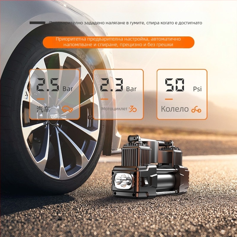 Двуцилиндрова автомобилна въздушна помпа, 220W, 12V захранване от запалката, преносима високонапорна помпа с манометър за налягането в гумите