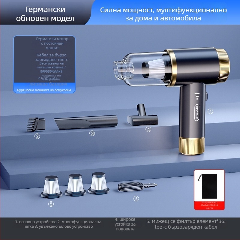 Безжичен ръчен вакуум за кола и дом, многофункционален, 220V, 300W, 16000 Па, 60 минути работа, 50 dB