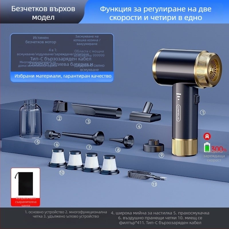 Безжичен ръчен вакуум за кола и дом, многофункционален, 220V, 300W, 16000 Па, 60 минути работа, 50 dB