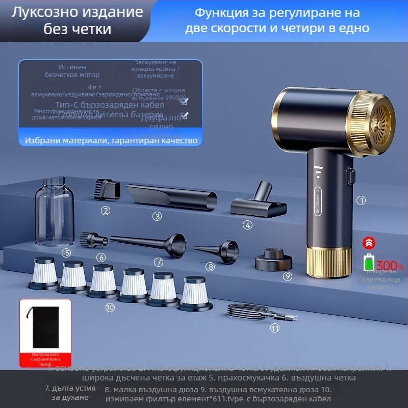 Безжичен ръчен вакуум за кола и дом, многофункционален, 220V, 300W, 16000 Па, 60 минути работа, 50 dB