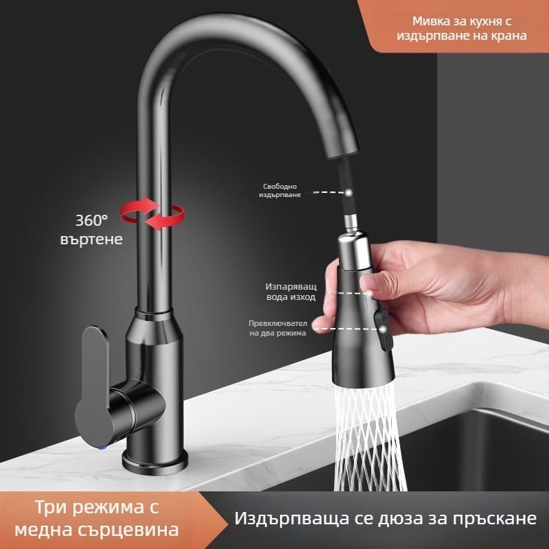 Кухненски смесител с издърпване L5, корпус от цинкова сплав, керамичен клапан, номинално налягане 1.0–6 кг, диапазон на температурата 5–80°C, монтаж с резба