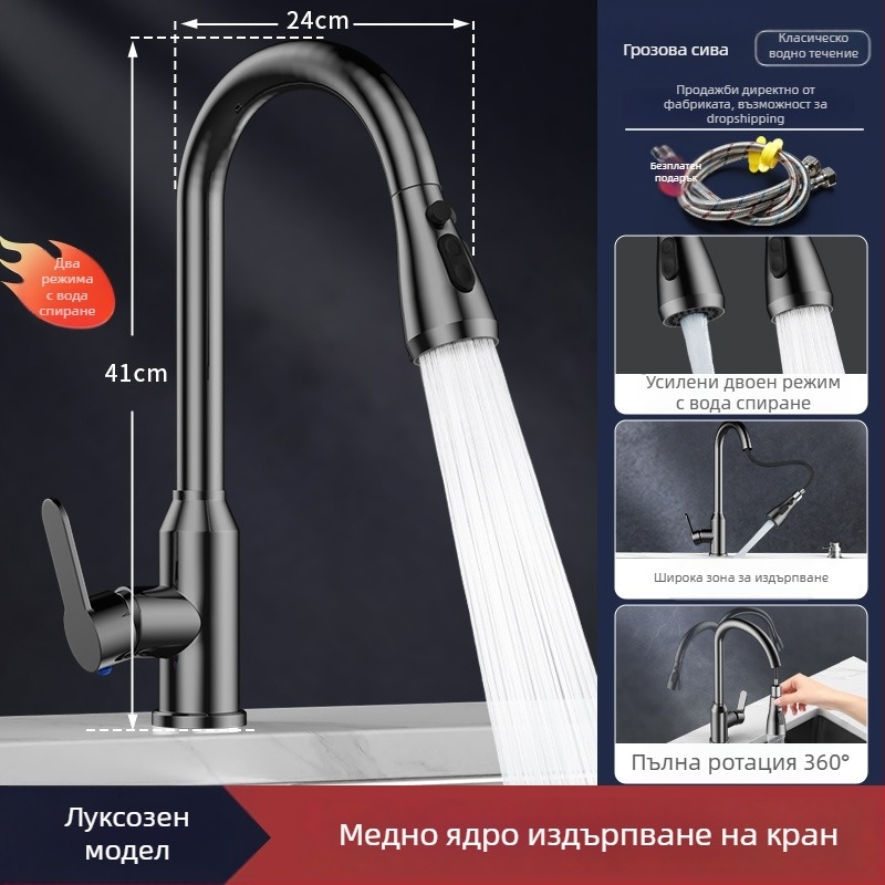 Кухненски смесител с издърпване L5, корпус от цинкова сплав, керамичен клапан, номинално налягане 1.0–6 кг, диапазон на температурата 5–80°C, монтаж с резба
