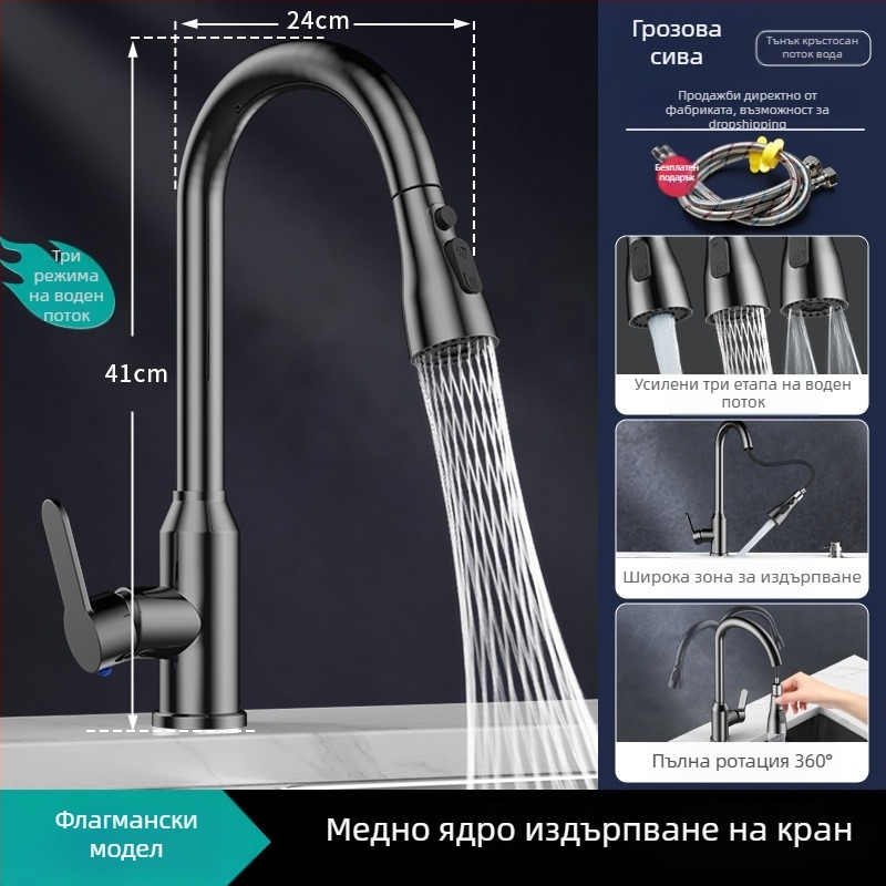 Кухненски смесител с издърпване L5, корпус от цинкова сплав, керамичен клапан, номинално налягане 1.0–6 кг, диапазон на температурата 5–80°C, монтаж с резба