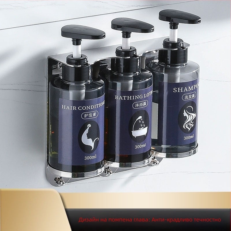 Стенен държач за душ с дозатор за течен сапун и държач за дезинфектант, изработен от 304 неръждаема стомана, огледално полиране, за хотелски апартаменти