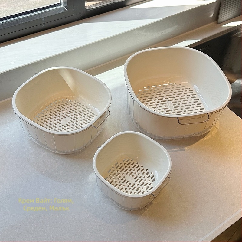 Пластмасова двуетажна кошница за измиване на зеленчуци с дренаж, Yi Yu, прост стил