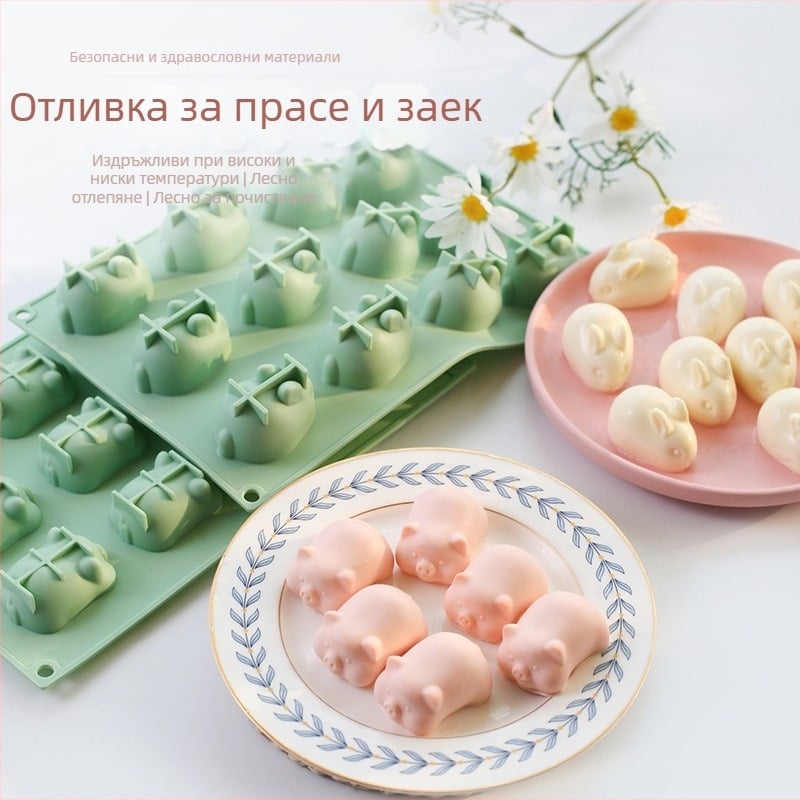 Силиконова форма за млечно желе – правоъгълна, дизайн с карикатурни животни, за кремове и пудинги