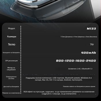 Безжична мишка с три режима за настолен компютър и лаптоп, 1600 DPI, 5 бутона, ергономичен дизайн