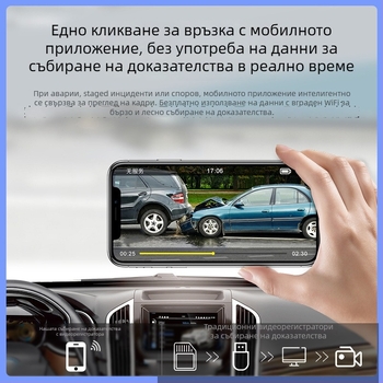 Автомобилен видеорегистратор с предна и задна двойна камера, 4K (2160P), 140° широк ъгъл, Wi‑Fi, поддържа TF карта до 256GB